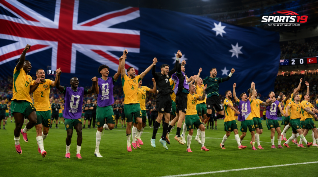 Australia players celebrate after defeating Türkiye 2-0 in a FIFA World Cup 2026 Group D match in Vancouver.