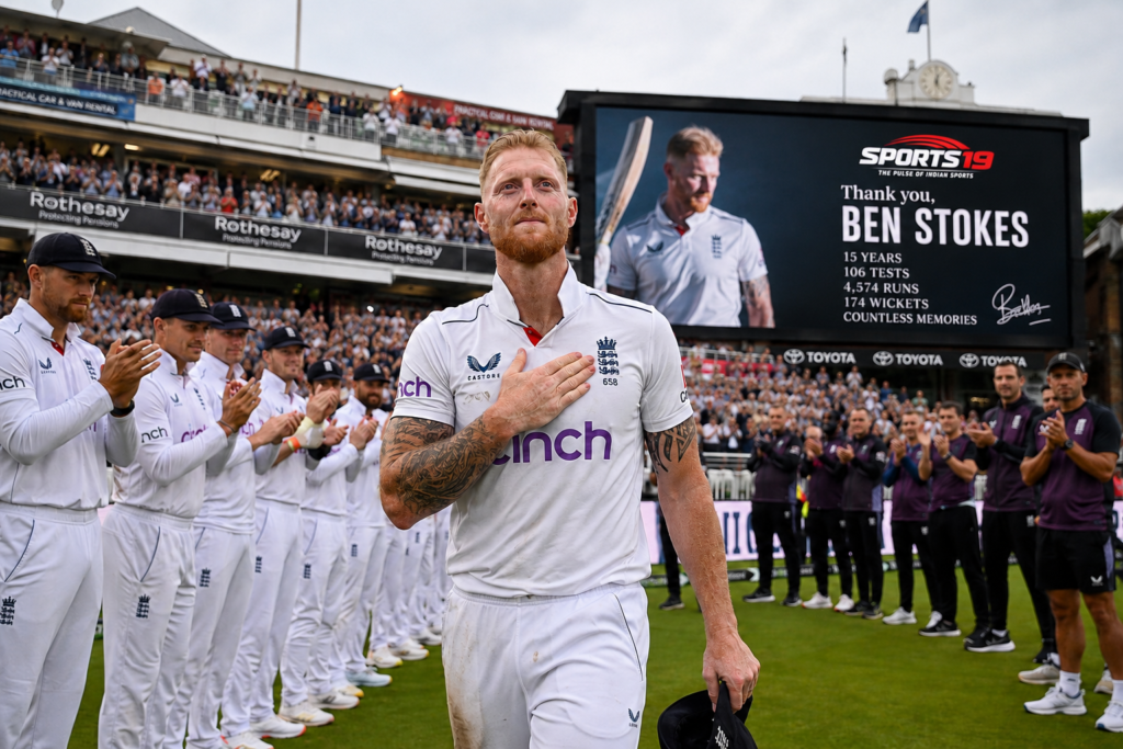 Ben Stokes acknowledges the crowd after announcing his retirement from international cricket.
