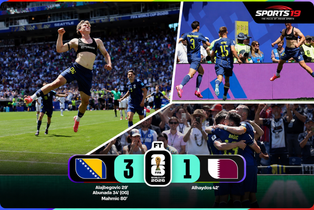 Bosnia and Herzegovina players celebrate their 3-1 victory over Qatar during the FIFA World Cup 2026 Group B match in Seattle.