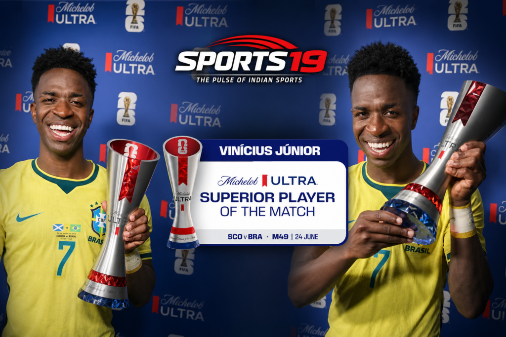 Vinicius Jr celebrates after scoring during Brazil vs Scotland in the FIFA World Cup 2026 Group C match.