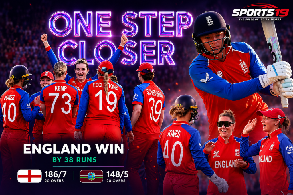 England players celebrate after defeating West Indies by 38 runs to qualify for the ICC Women's T20 World Cup semifinals.
