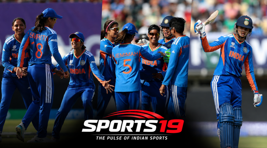 India Women's cricket team celebrates a dominant victory over Pakistan featuring Smriti Mandhana, Harmanpreet Kaur, Richa Ghosh, Deepti Sharma and Jemimah Rodrigues with the Indian flag in the background.