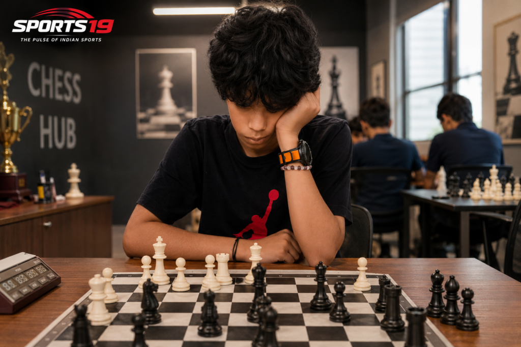 Pandemic Hobby Turns Into Grandmaster Dream: Indra's Inspiring Rise in Indian Chess Young chess prodigy Indra concentrating during an intense chess match at a chess training hub.