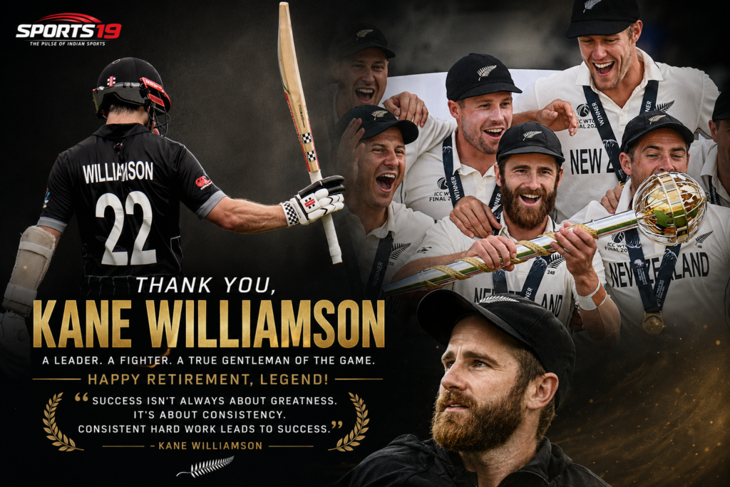 Kane Williamson celebrates with the ICC trophy during his retirement tribute as New Zealand cricket honors one of its greatest-ever players.