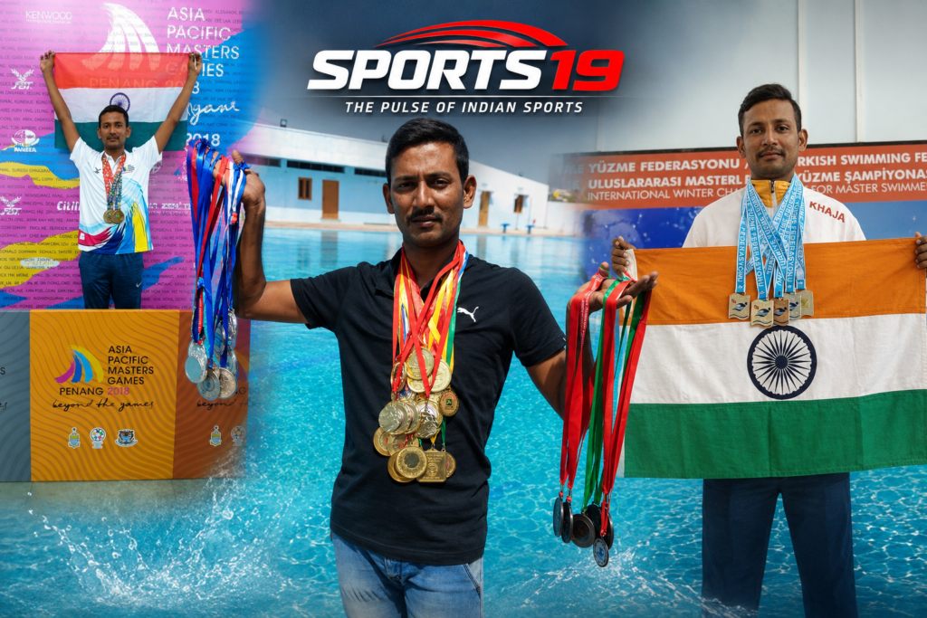 Khaja Mohiddin poses with his swimming medals after representing India in national and international swimming competitions.