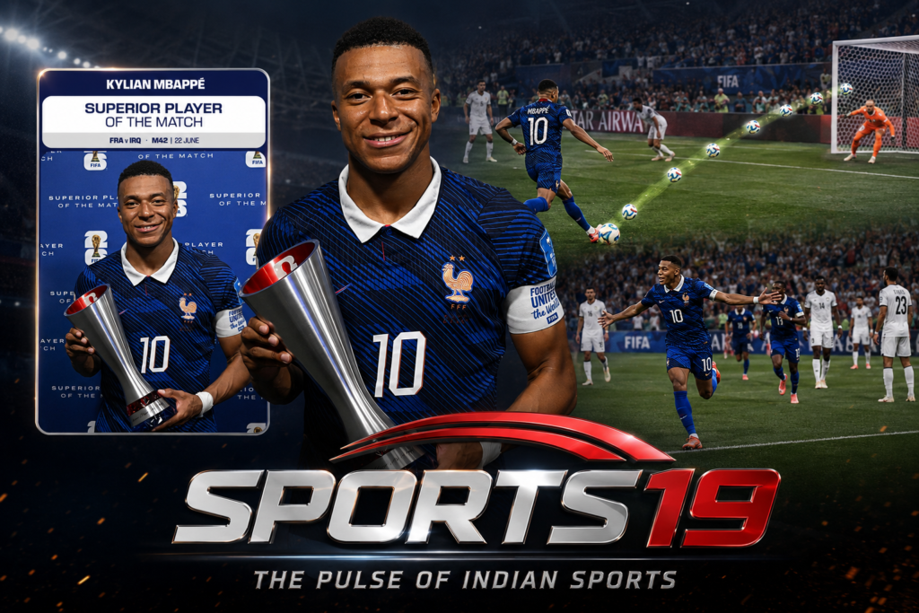 Kylian Mbappé celebrates after scoring twice and winning the Superior Player of the Match award during France's 3-0 FIFA World Cup 2026 victory over Iraq in Philadelphia.