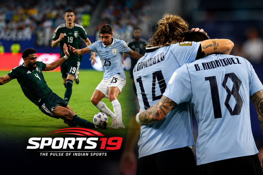 Saudi Arabia vs Uruguay Ends in Thrilling 1-1 Draw Saudi Arabia and Uruguay players battle for possession during a FIFA World Cup 2026 Group H match in Miami, with Sports19 branding and celebration scenes featured in a professional sports collage.