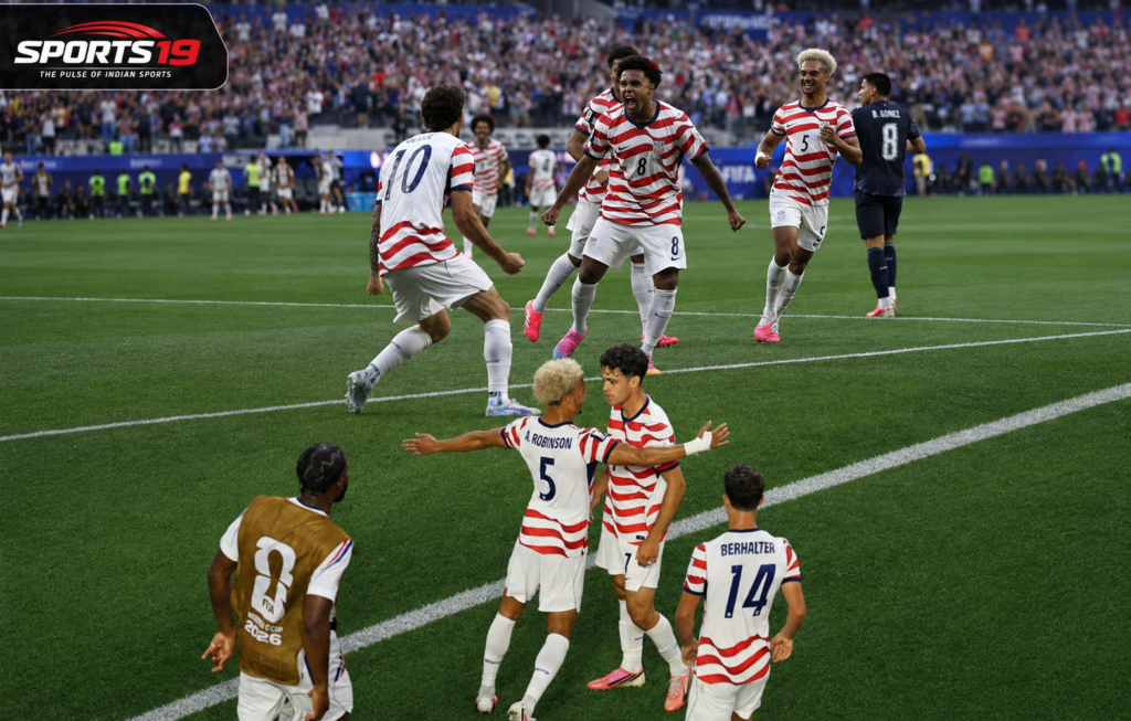 USA players celebrate during their 4-1 FIFA World Cup 2026 Group D victory over Paraguay at Los Angeles Stadium, Inglewood.