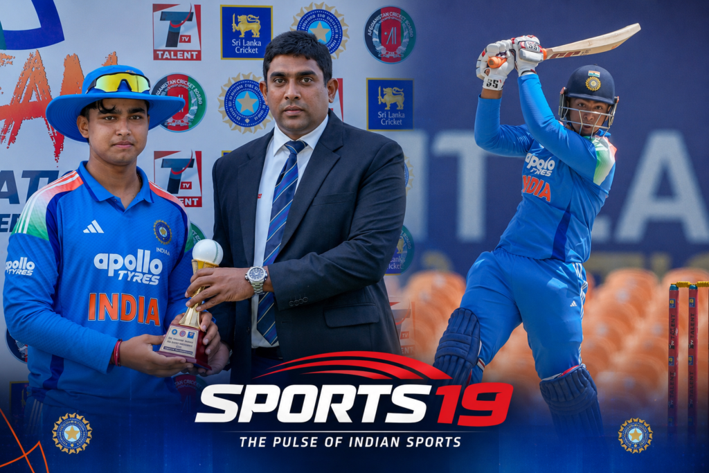 Built for the Big Moments: Vaibhav Leads India to Tri-Nation Crown Vaibhav Sooryavanshi receives award and plays a brilliant shot for India during an international youth cricket tournament.