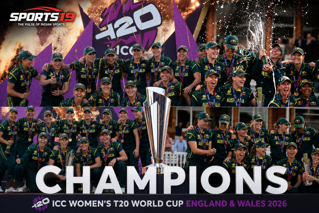 Beth Mooney celebrates after leading Australia Women to the ICC Women's T20 World Cup 2026 title against England.